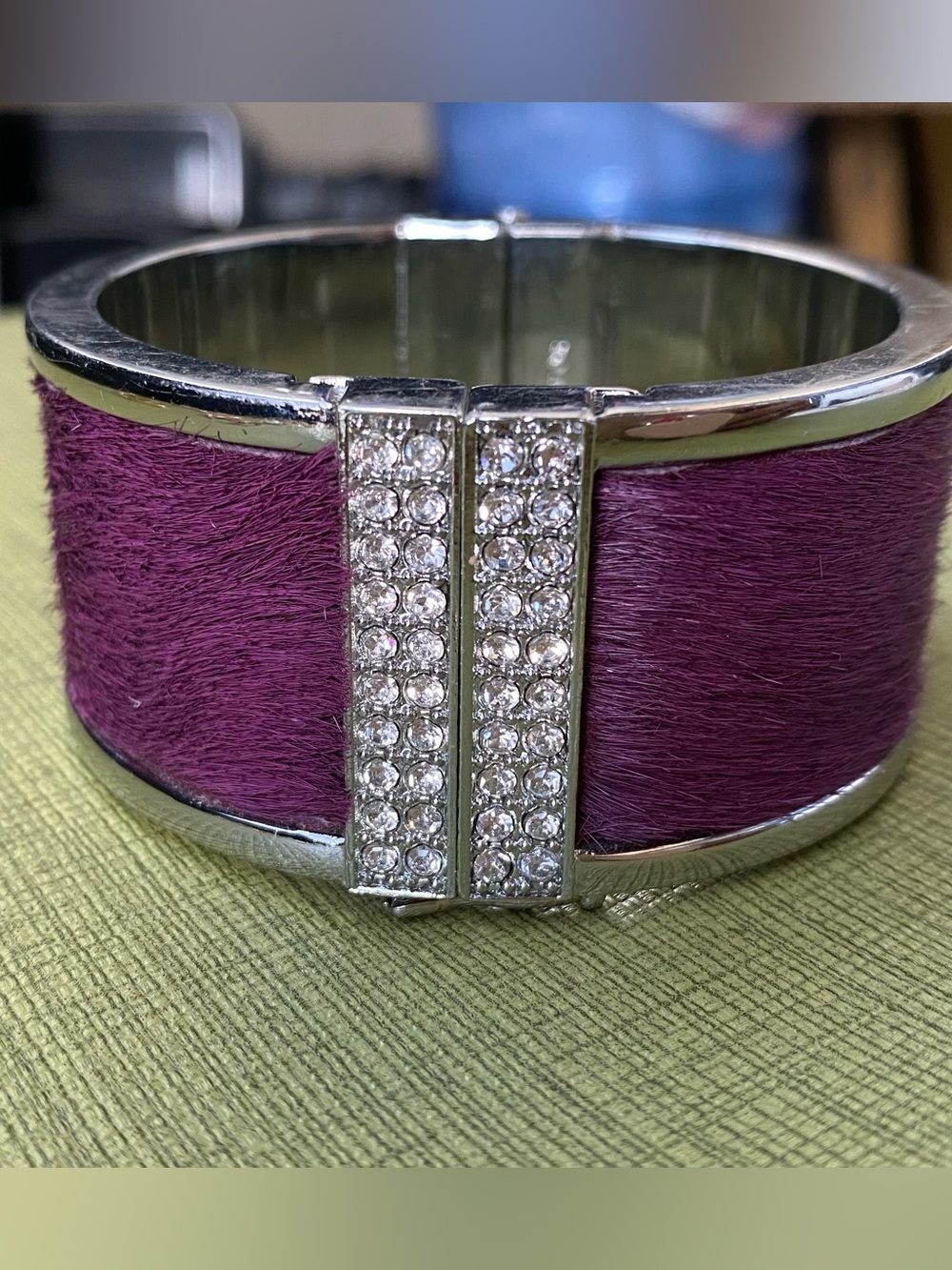 Ann Taylor Purple Hair-On Leather Cuff with Crystal Clasp